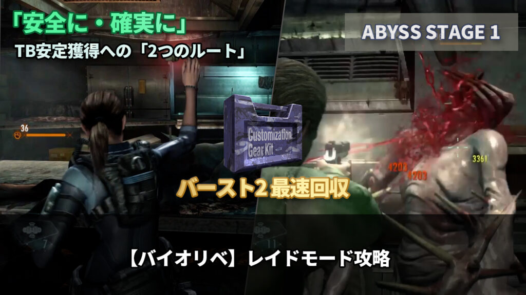 「ABYSS1 攻略（TB狙い）｜必須パーツ「バースト2」を最速回収する立ち回り」と書かれたバイオハザードリベレーションズ レイドモード攻略記事のアイキャッチ画像